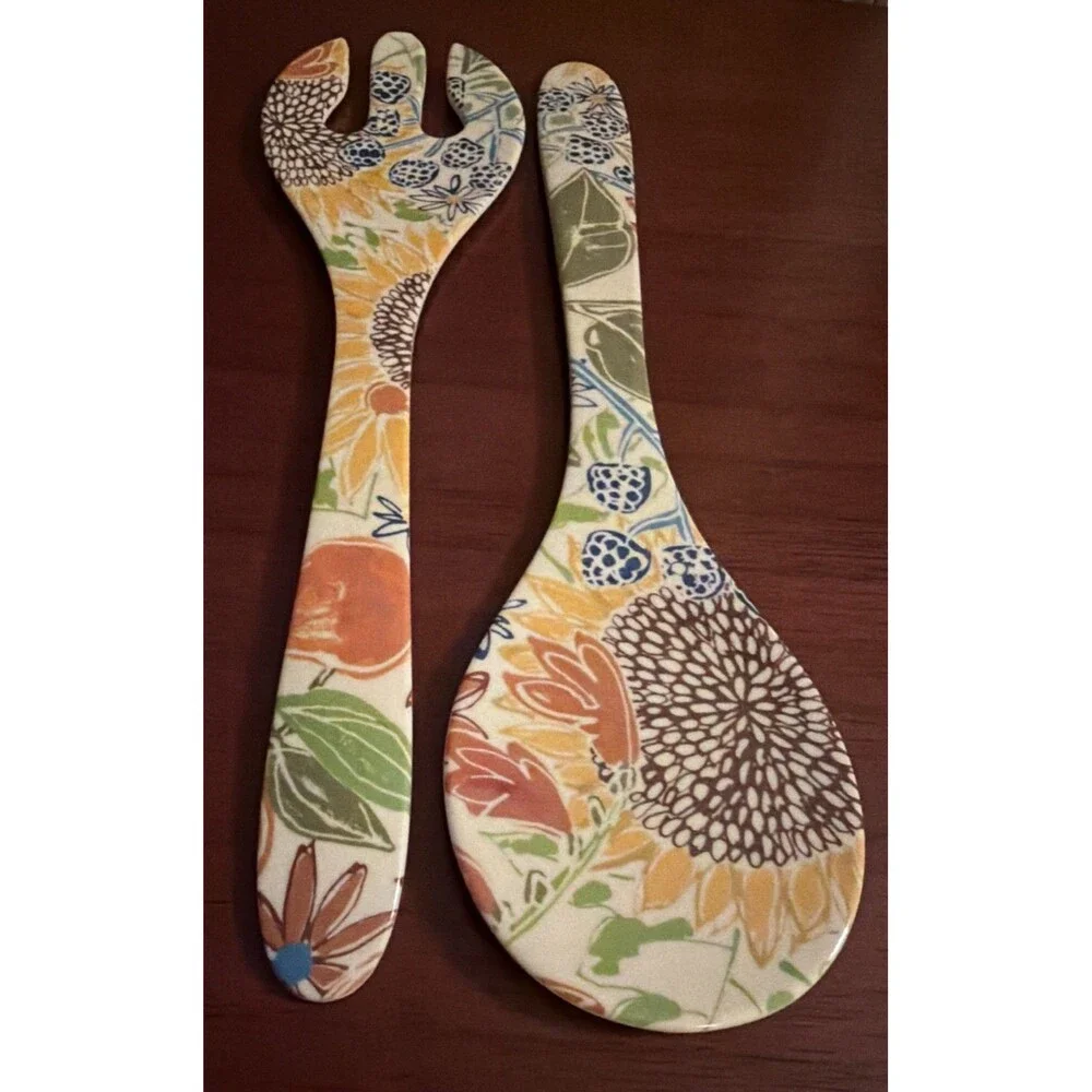 Floral Melamine Salad Server Serving Spoon Fork Garden Flowers Sunflower Leaves!